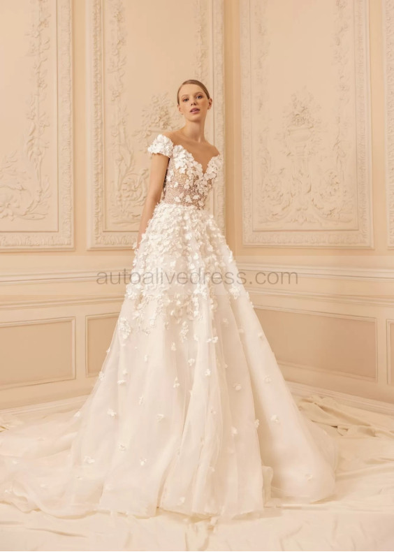 Cap Sleeves Beaded Ivory Floral Lace Tulle Wedding Dress